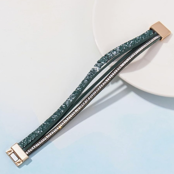 🆕 Green Hematite Leather Rhinestone Wrap Cuff Bracelet with Magnetic Clasp - Picture 3 of 4